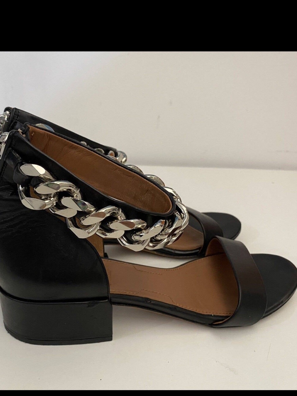 Givenchy Black Leather Block Heel Sandals with Silver Chain Ankle Strap